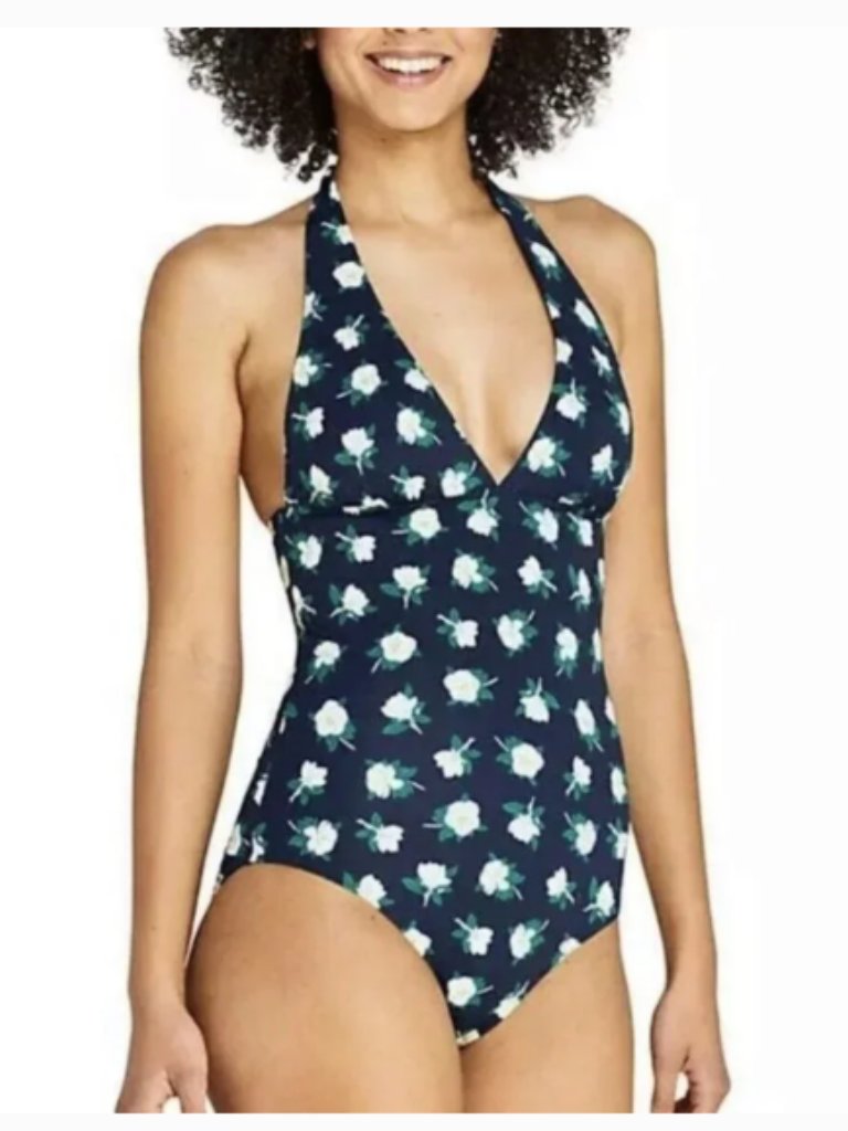 Lands' End X Draper James Navy Floral Halter One Piece Swimsuit Size 10